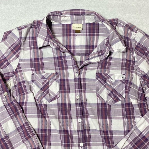 Sonoma Life Style Women's L Purple Plaid Flannel Button Up Collared Long Sleeve - Picture 9 of 15